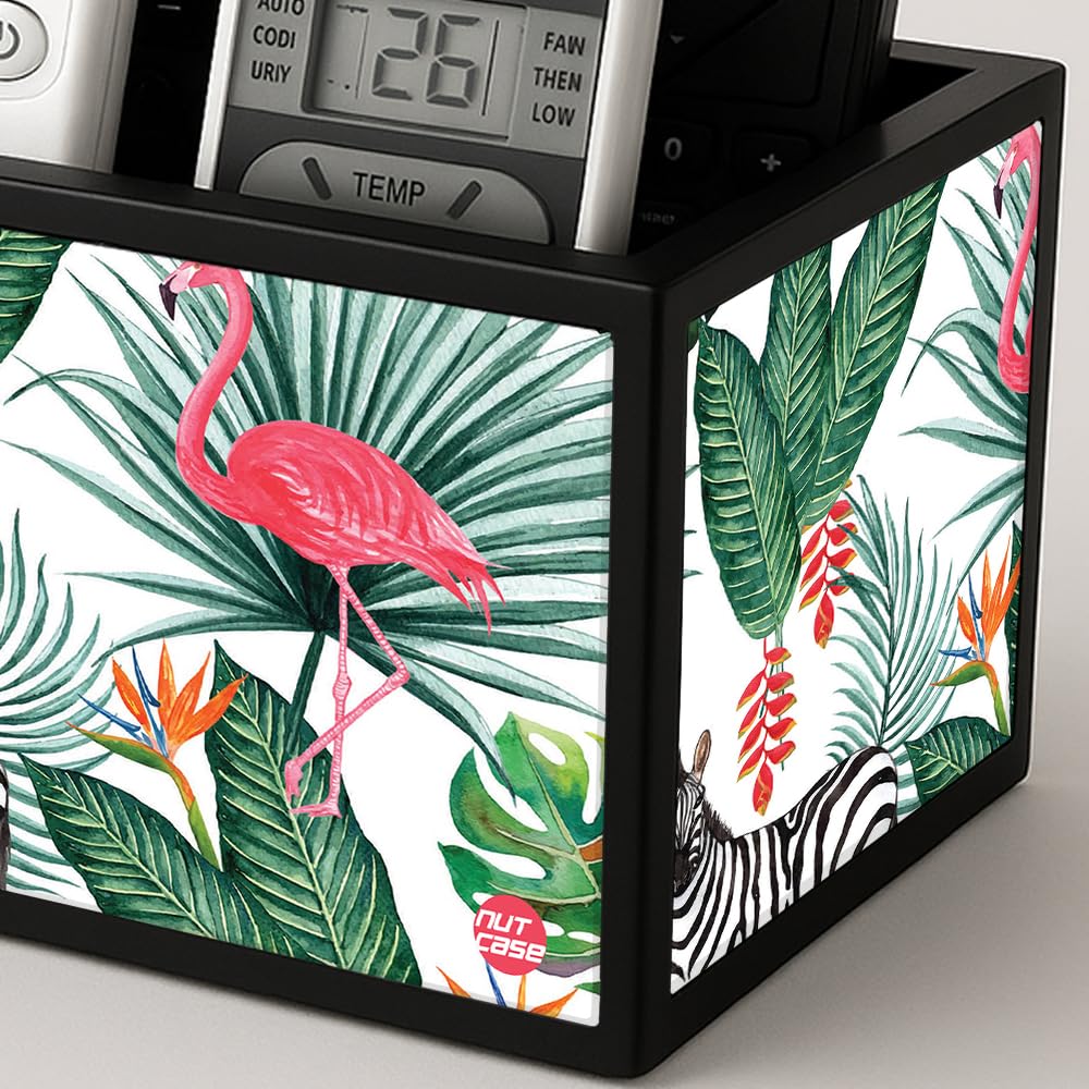 Designer Small TV Remote Holder For TV / AC Remotes -  Leaves With Flamingo