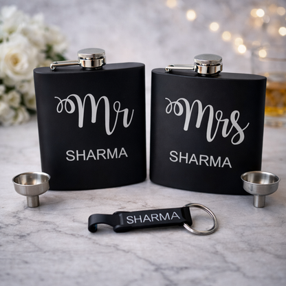 Personalized Mr & Mrs Hip Flask for Couple - Stainless Steel Alcohol Flask with Opener Gift Set