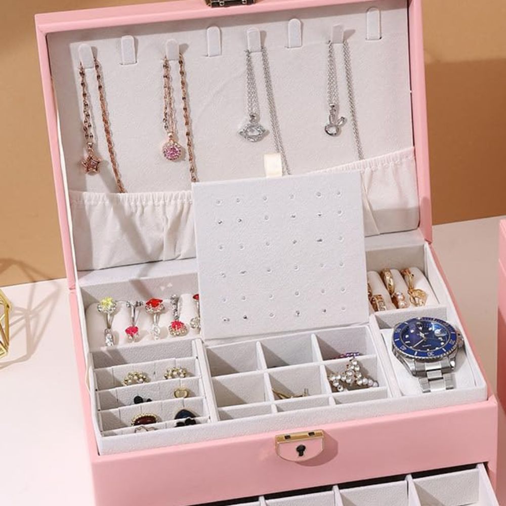 Custom Jewellery Box | Jewelry Organizer with Drawers | Premium Trinket Vanity Case with Built-in Lock