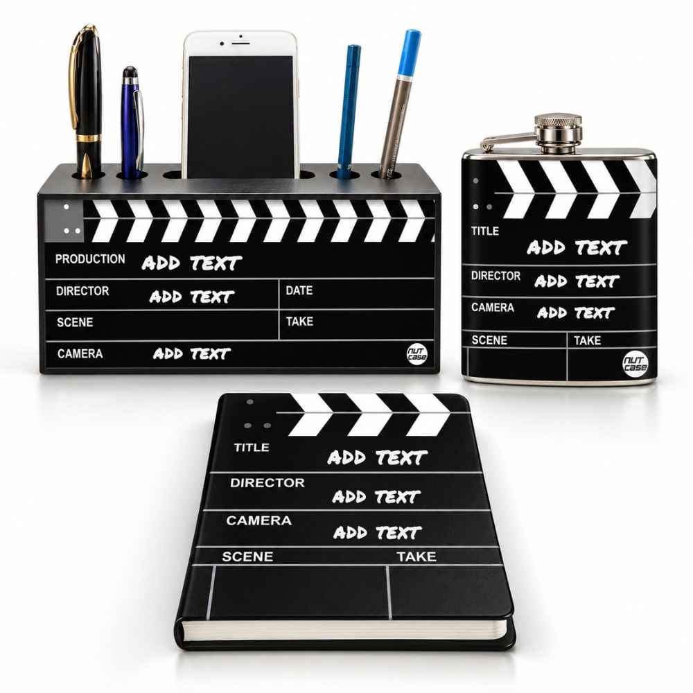 Personalized Diwali Corporate Gift Set for Employees – Filmy Movie Themed Pen Stand, Hip Flask & Diary