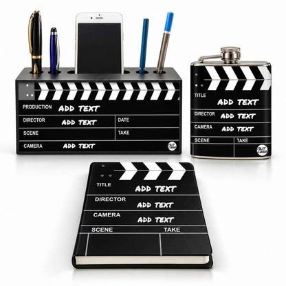 Personalized Diwali Corporate Gift Set for Employees – Filmy Movie Themed Pen Stand, Hip Flask & Diary