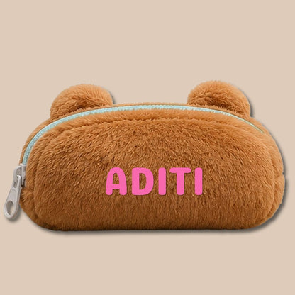 Personalised Pencil Pouch with 3D Ears & Custom Name | Birthday Gift for Kids | Plush Faux Fur