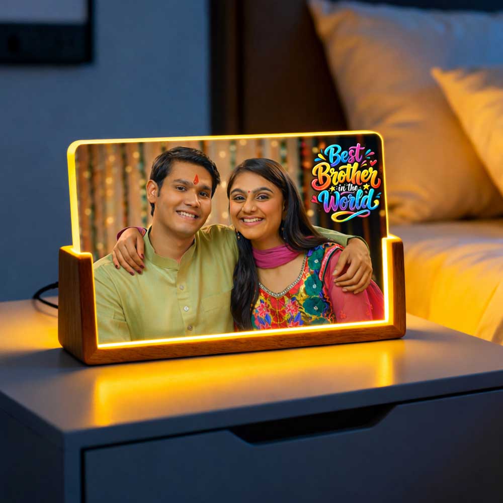 Personalized Acrylic LED Photo Night Light with Wooden Base - Brother Sister Sibling Gift For Rakhi