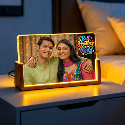 Personalized Acrylic LED Photo Night Light with Wooden Base - Brother Sister Sibling Gift For Rakhi