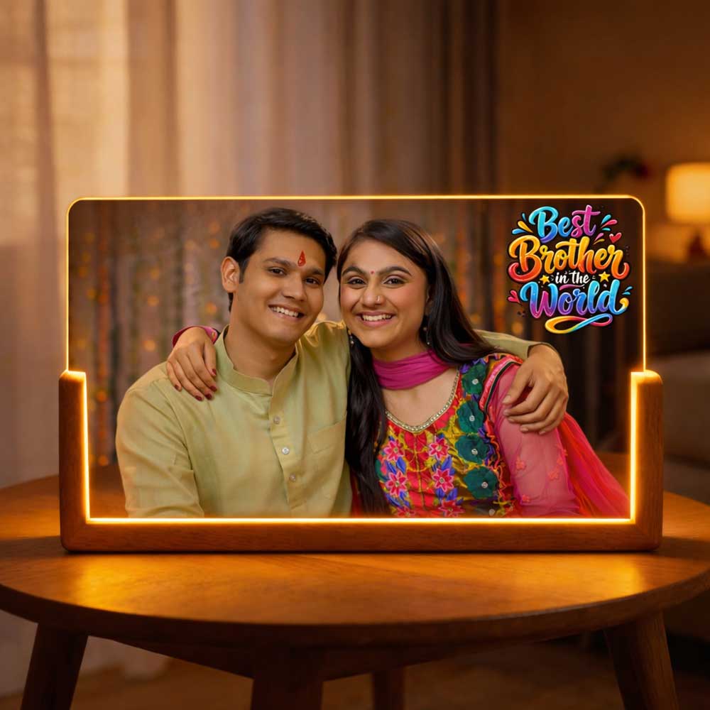 Personalized Acrylic LED Photo Night Light with Wooden Base - Brother Sister Sibling Gift For Rakhi