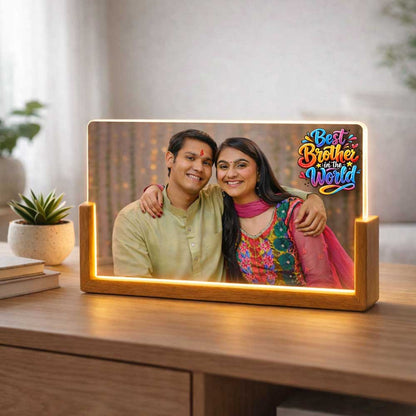 Personalized Acrylic LED Photo Night Light with Wooden Base - Brother Sister Sibling Gift For Rakhi