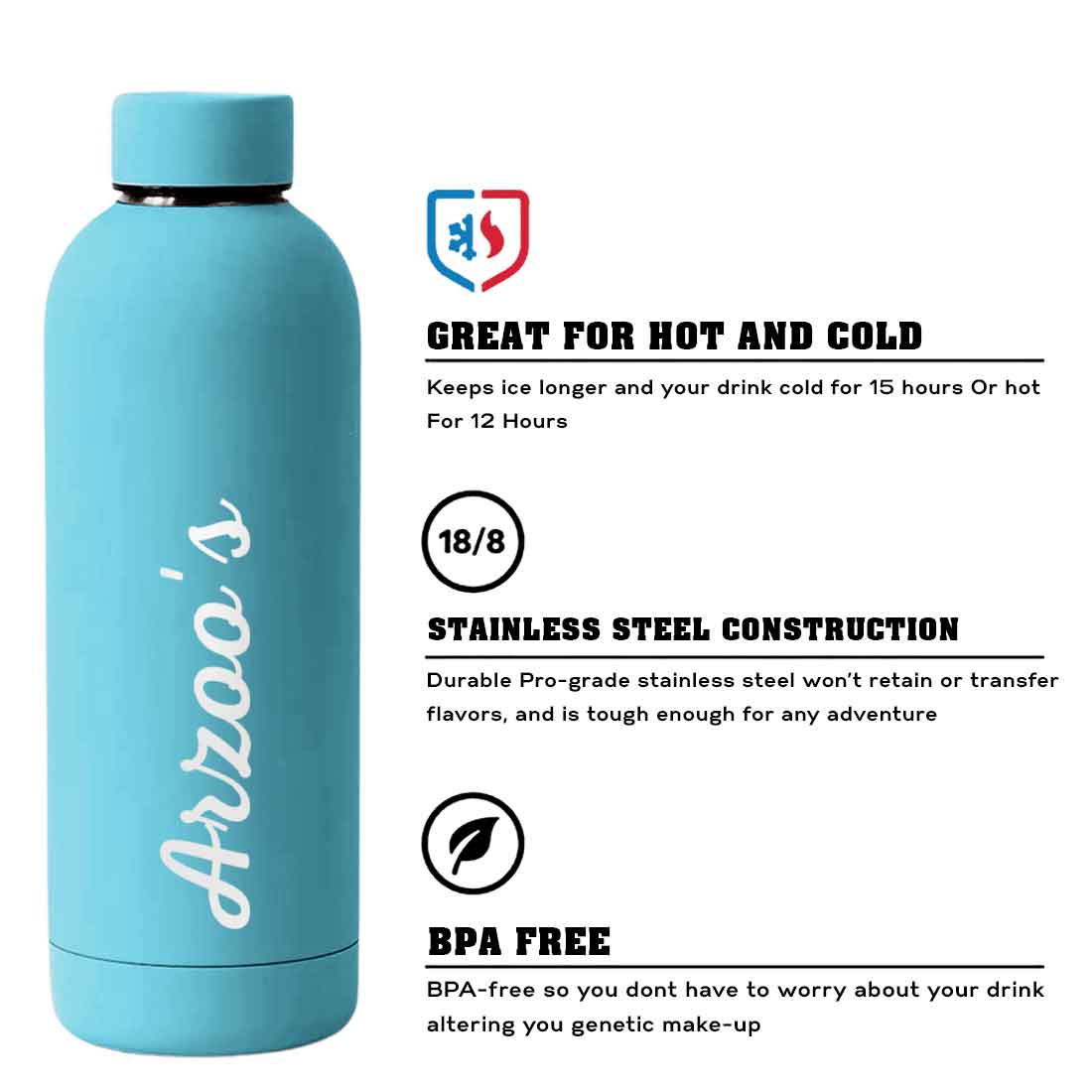 Custom Insulated Water Bottles Stainless Steel  Bottle for Travel Office Gym Home - BPA Free, Leakproof