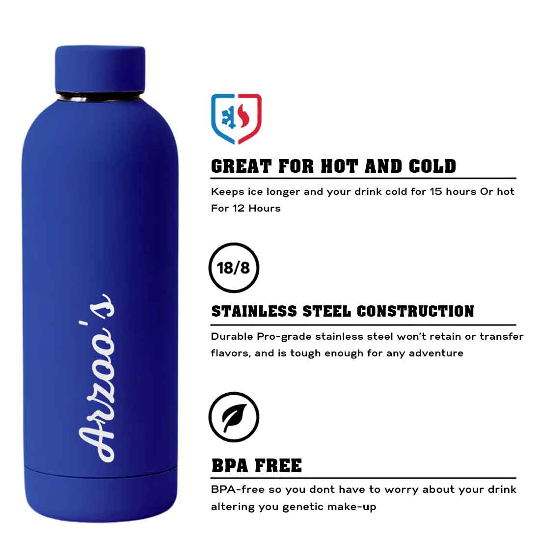 Custom Insulated Water Bottles Stainless Steel  Bottle for Travel Office Gym Home - BPA Free, Leakproof