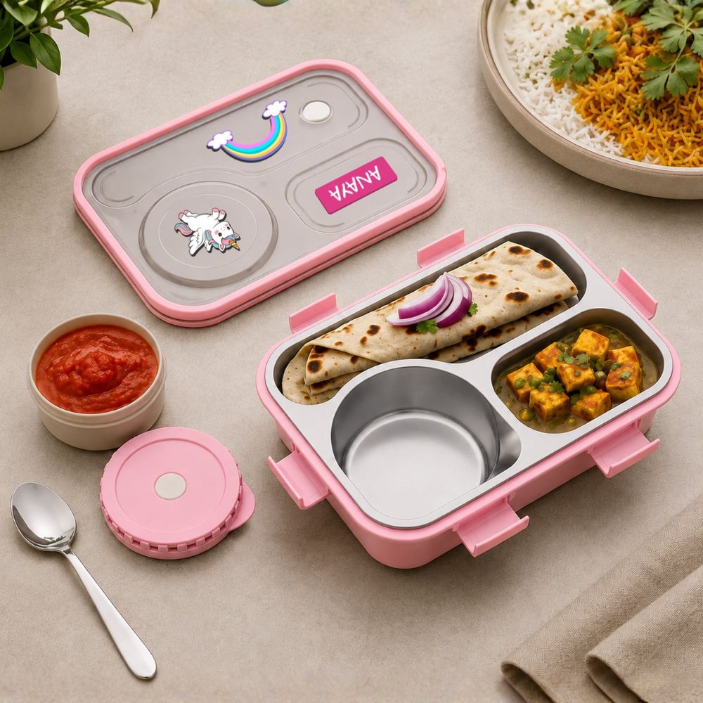 Personalized Kids Stainless Steel Lunch Box with Sealed Bowl | 3 Compartment Leakproof Tiffin Box with bowl