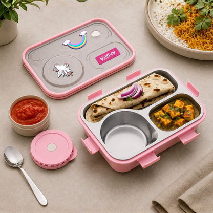 Personalized Kids Stainless Steel Lunch Box with Sealed Bowl | 3 Compartment Leakproof Tiffin Box with bowl