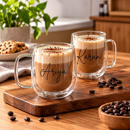 Personalized Double Walled Glass Coffee Mugs Set of 2 | Custom Tea & Coffee Cups
