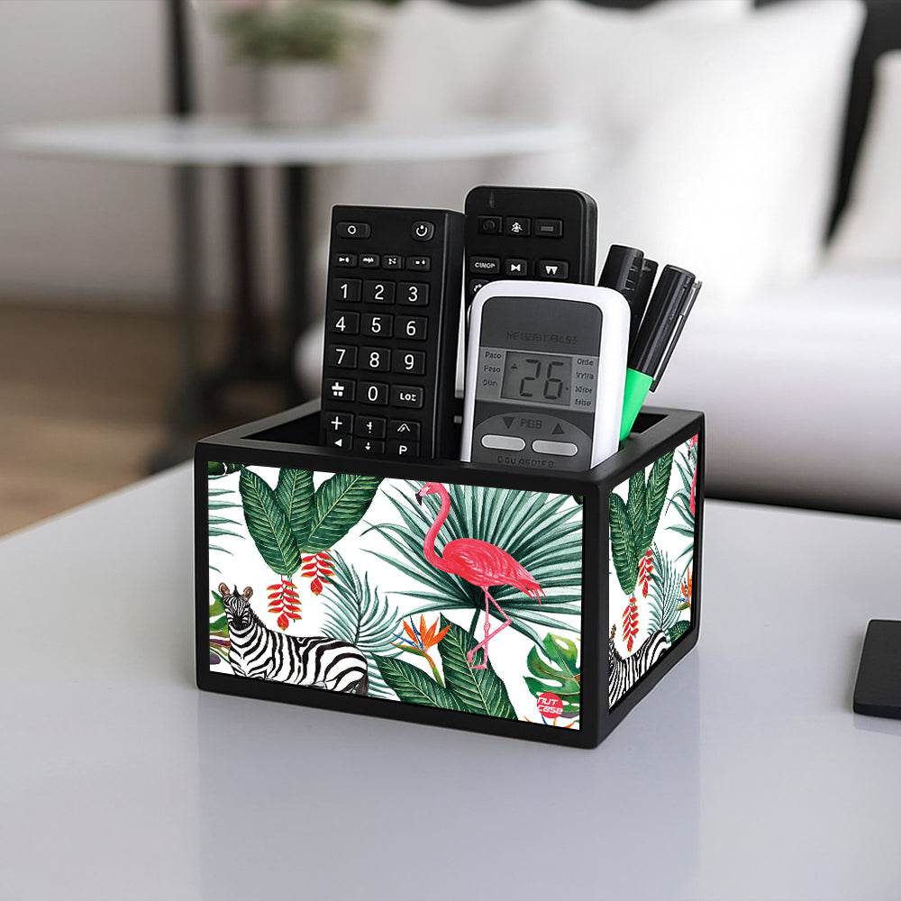 Cool Remote Control Holder For TV / AC Remotes -  White Hibiscus Leaves With Flamingo