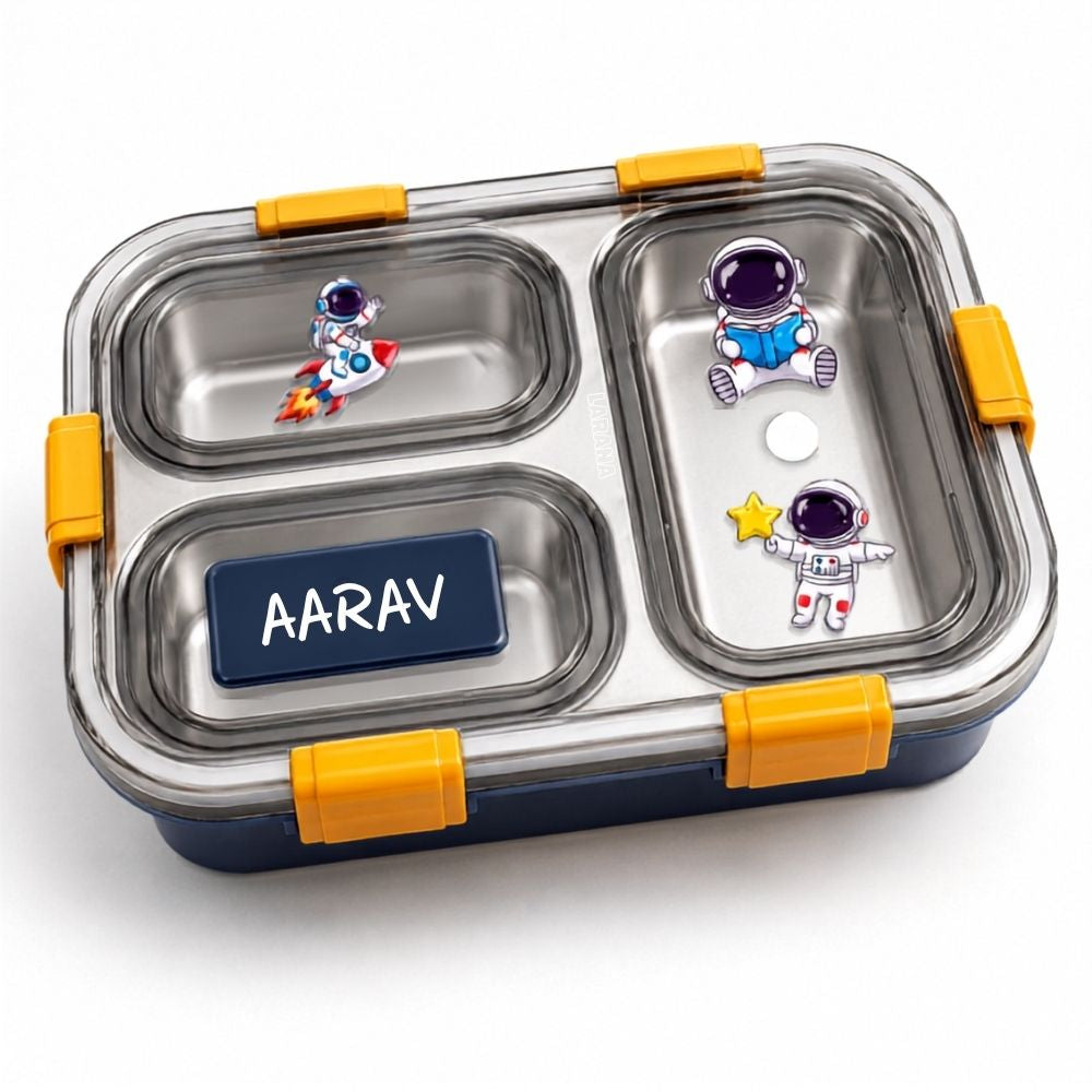 Personalized Kids Stainless Steel Lunch Box | Custom Name 3 Compartment Leakproof Tiffin Box For Boys - Space