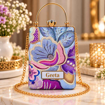 Custom Clutches Floral Ethnic Clutch Bag Box - Name Purse with Crystal Studded Push Lock, Golden Frame & Detachable Sling Chain