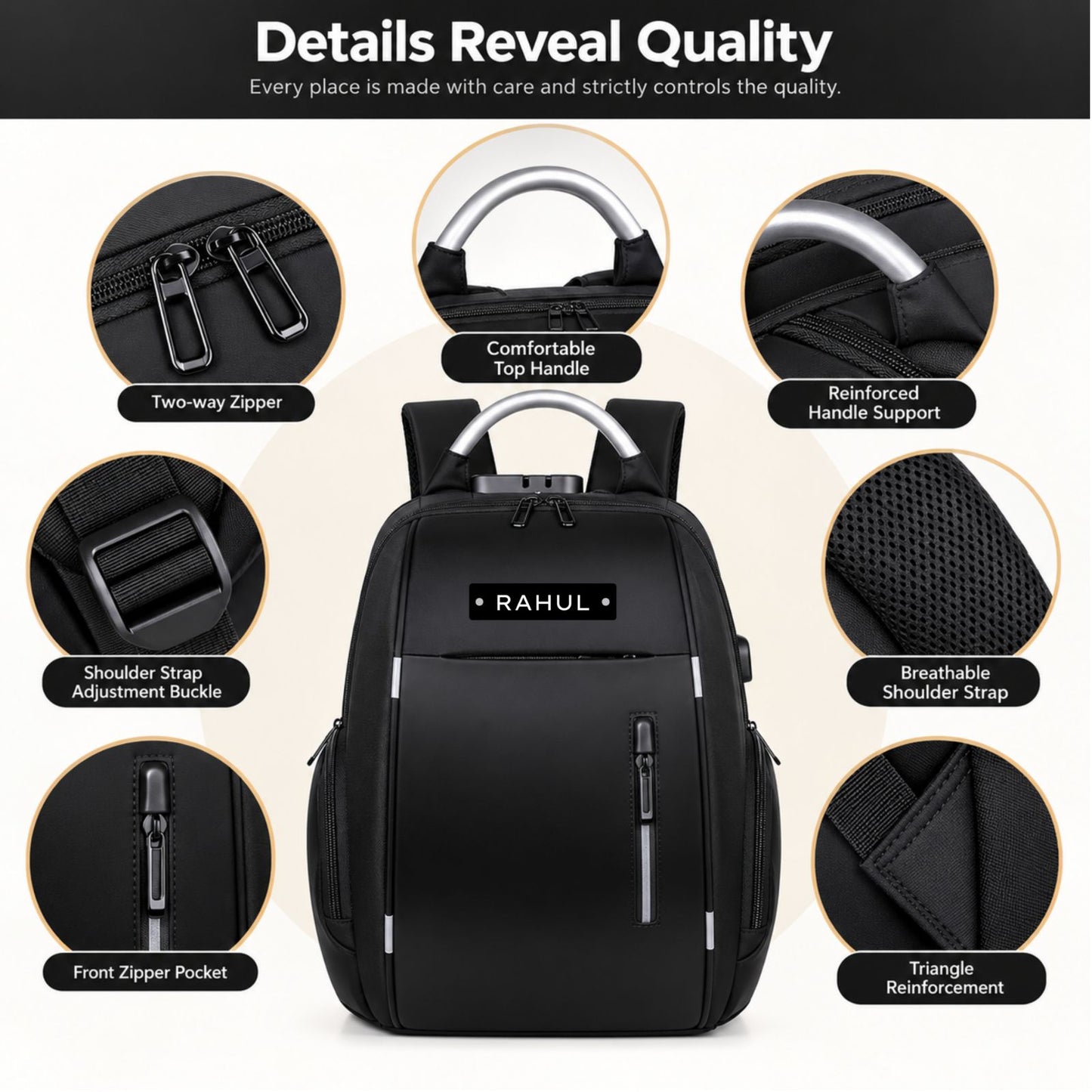 Custom Laptop Bag with Combination Lock Compartment | Personalised Travel Backpack with USB Charging Port & Anti-Theft Design