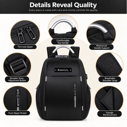 Custom Laptop Bag with Combination Lock Compartment | Personalised Travel Backpack with USB Charging Port & Anti-Theft Design