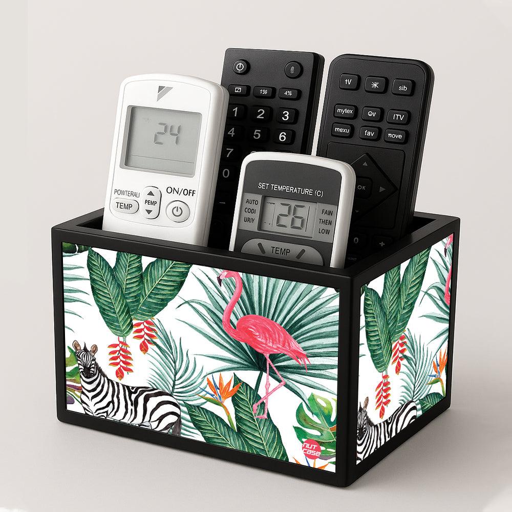 Cool Remote Control Holder For TV / AC Remotes -  White Hibiscus Leaves With Flamingo