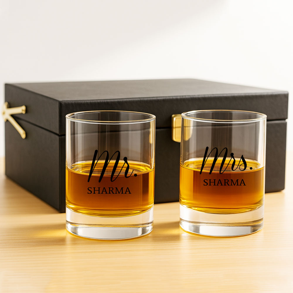 Mr & Mrs Whiskey Glass Set - Gift Box for Couples