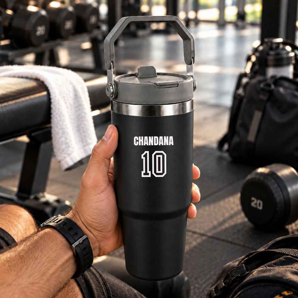 Personalized Tumbler Cricket Name & Jersey  – 900ml Vacuum Insulated Stainless Steel Bottle with Carry Handle