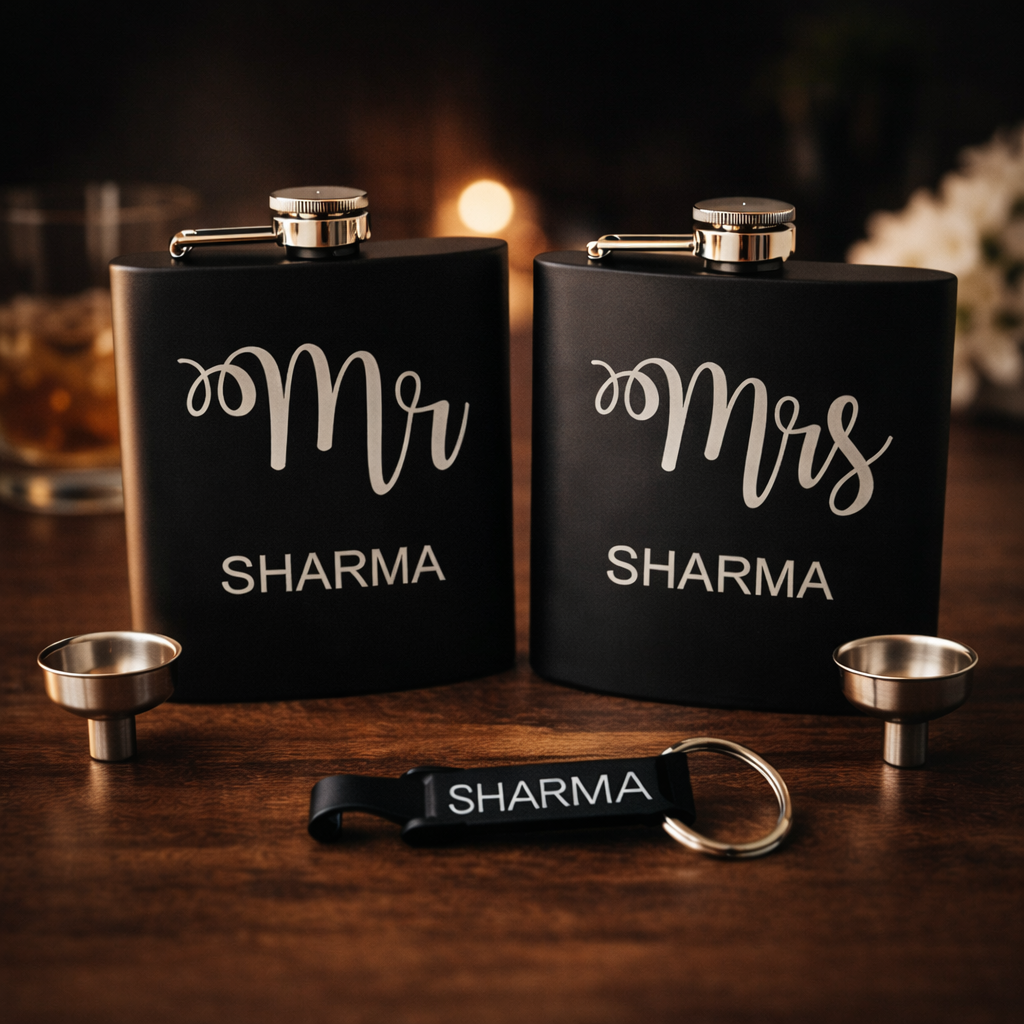 Personalized Mr & Mrs Hip Flask for Couple - Stainless Steel Alcohol Flask with Opener Gift Set