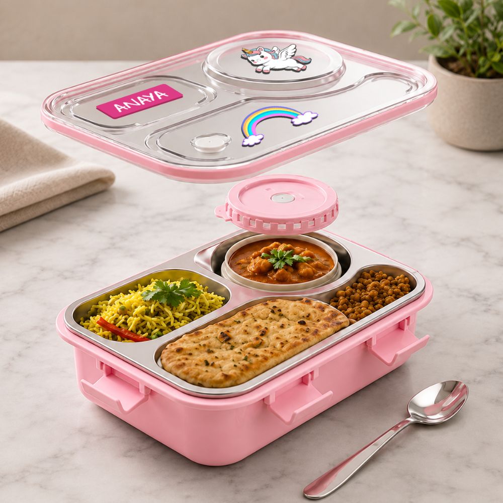 Personalized Kids Stainless Steel Lunch Box with Sealed Bowl | 3 Compartment Leakproof Tiffin Box with bowl