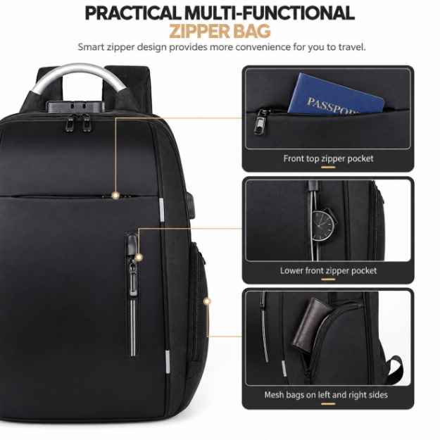  Multi-compartment backpack with lock and front and side zipper pockets,