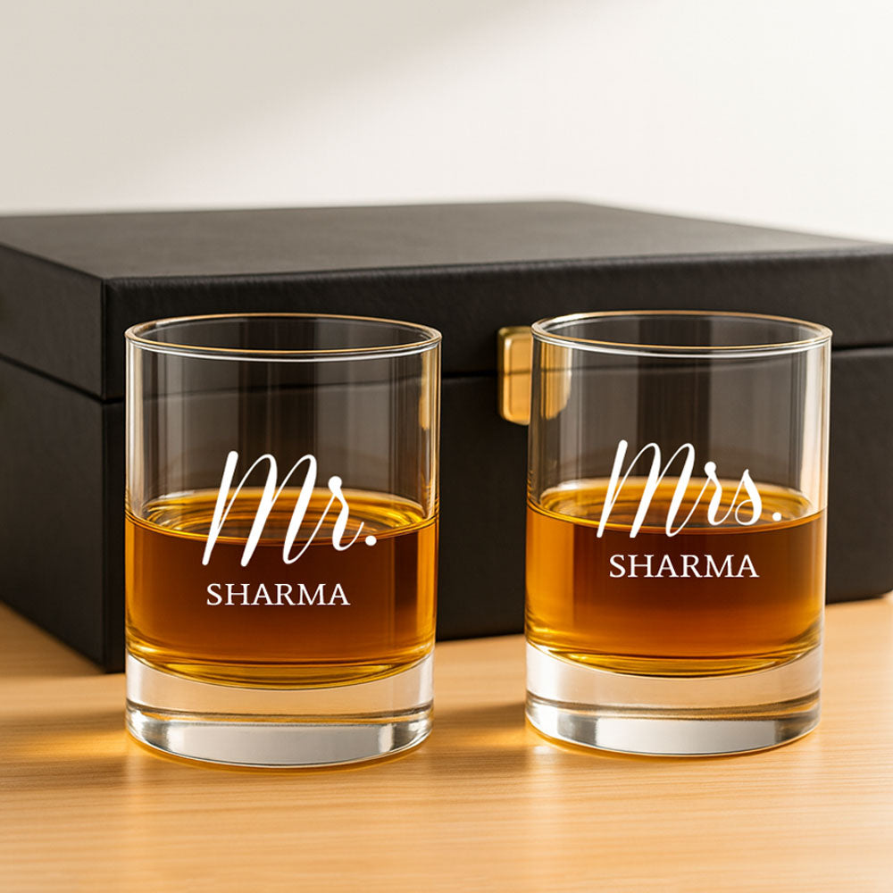 Mr & Mrs Whiskey Glass Set - Gift Box for Couples