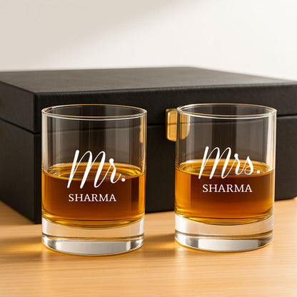 Mr & Mrs Whiskey Glass Set - Gift Box for Couples