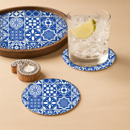 Natural Wood Round Tray with Matching Coasters & Diwali Diya Candle | Festive Gifting Set