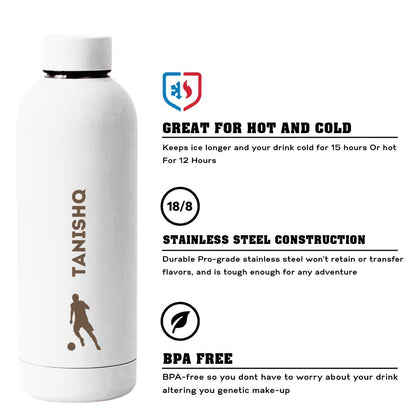 Stainless Steel Insulated Water Bottle with Name 500ML Water Bottles for Sports - BPA Free, Leakproof - Football