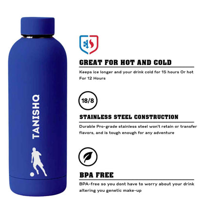 Stainless Steel Insulated Water Bottle with Name 500ML Water Bottles for Sports - BPA Free, Leakproof - Football