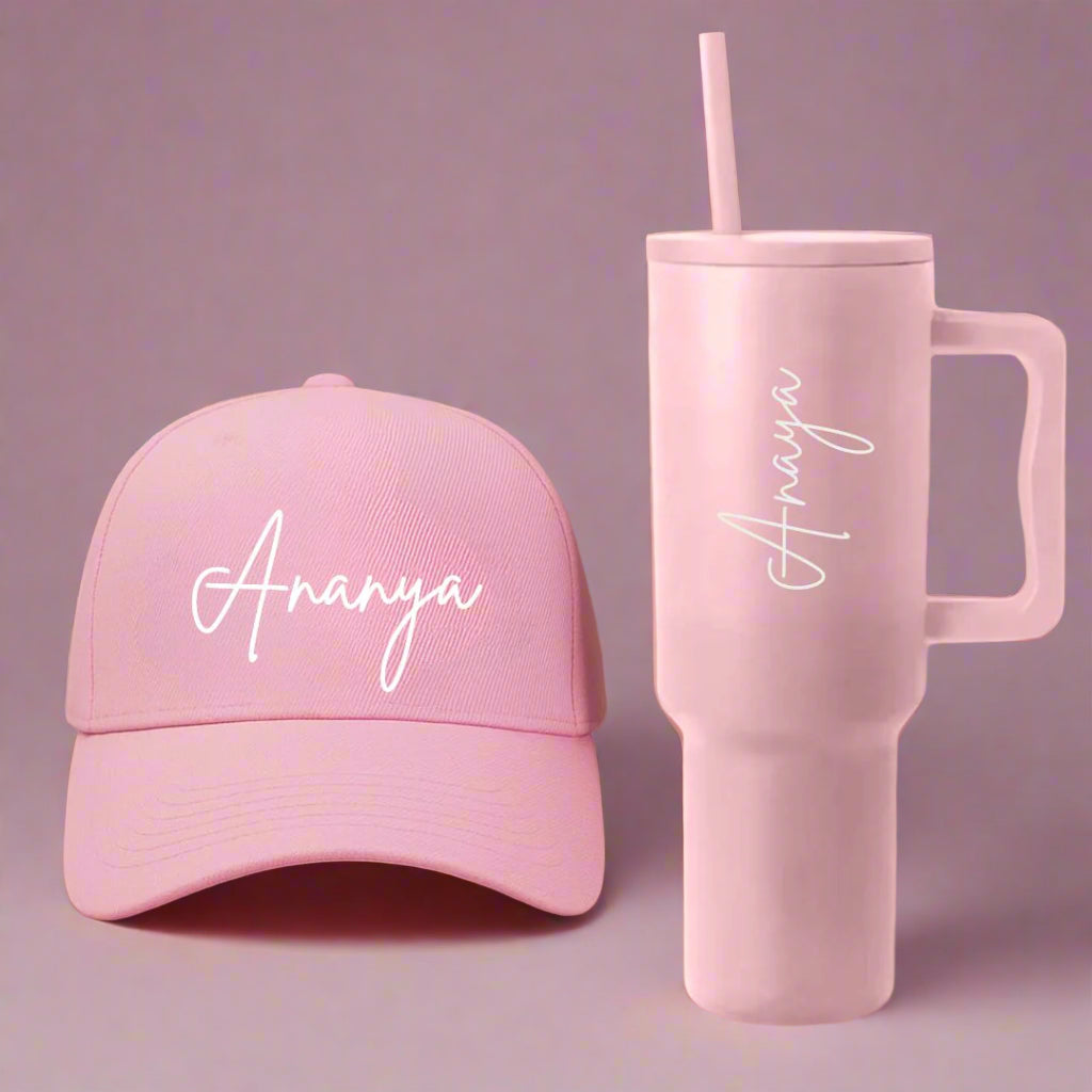 Rakhi Gift for Sister – Personalized Pink Cap with Name & Insulated Tumbler/Bottle