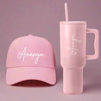Rakhi Gift for Sister – Personalized Pink Cap with Name & Insulated Tumbler/Bottle