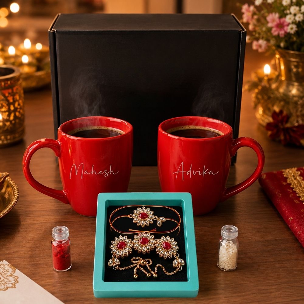 Rakhi Gift for Bhaiya Bhabhi with Custom Red Coffee Mugs, Kundan Rakhi & Adjustable Lumba Bracelet