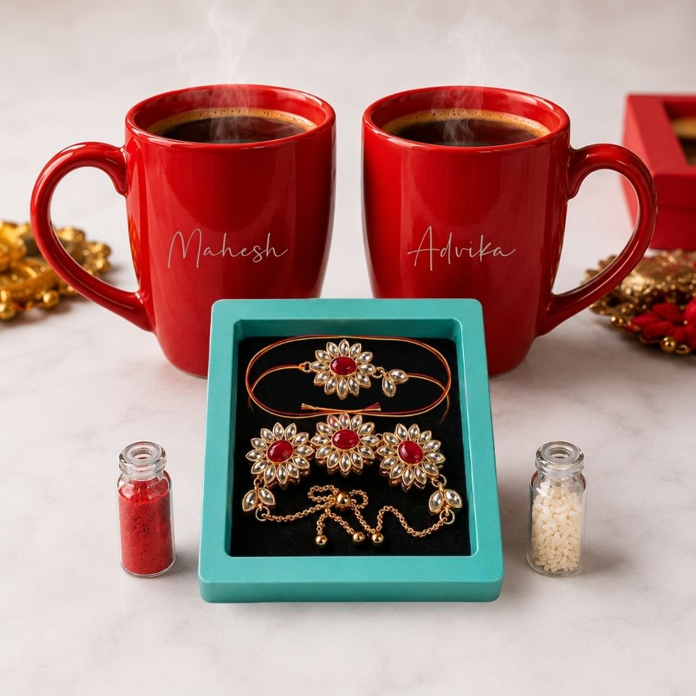 Rakhi Gift for Bhaiya Bhabhi with Custom Red Coffee Mugs, Kundan Rakhi & Adjustable Lumba Bracelet