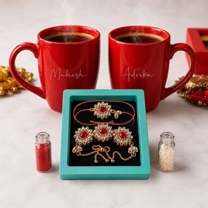 Rakhi Gift for Bhaiya Bhabhi with Custom Red Coffee Mugs, Kundan Rakhi & Adjustable Lumba Bracelet