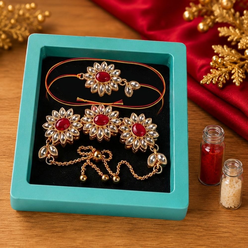 Rakhi Gift for Bhaiya Bhabhi with Custom Red Coffee Mugs, Kundan Rakhi & Adjustable Lumba Bracelet