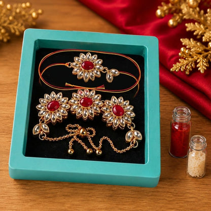 Rakhi Gift for Bhaiya Bhabhi with Custom Red Coffee Mugs, Kundan Rakhi & Adjustable Lumba Bracelet