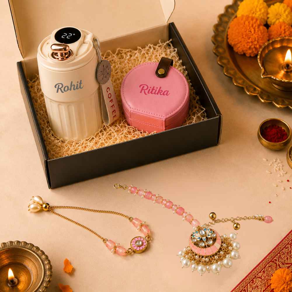 Bhaiya Bhabhi Rakhi Gift Set – Personalized Coffee Mug, Jewelry Box & Designer Rakhi Hamper