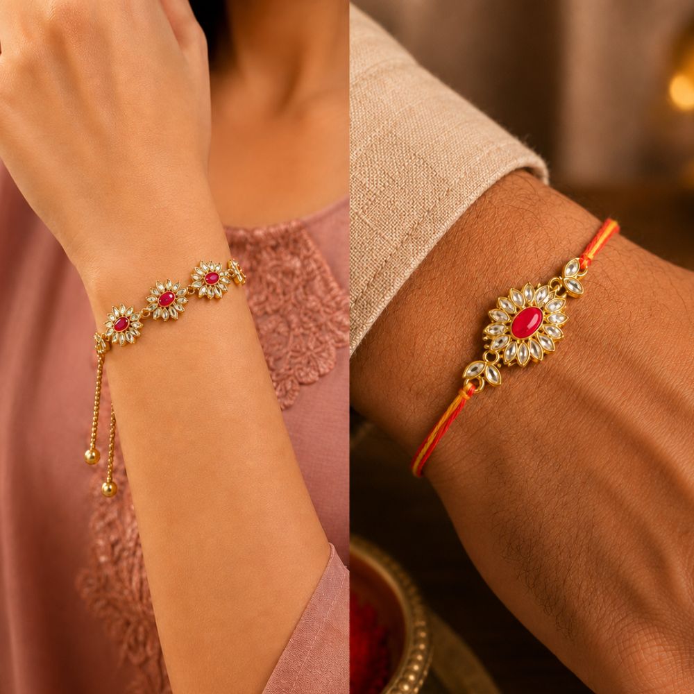 Rakhi Gift for Bhaiya Bhabhi with Custom Red Coffee Mugs, Kundan Rakhi & Adjustable Lumba Bracelet