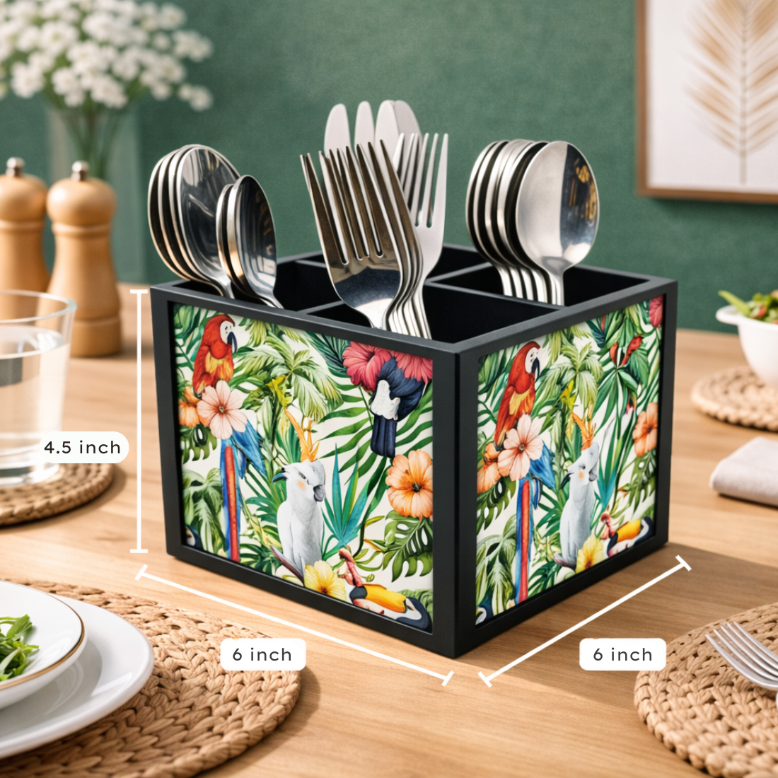 Parrot With LeavesCutlery Holder Stand Silverware Caddy Organizer