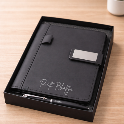 Customized Diary with Name Matching Engraved Pen | Premium Leatherette Diary with Name Black Gift Box