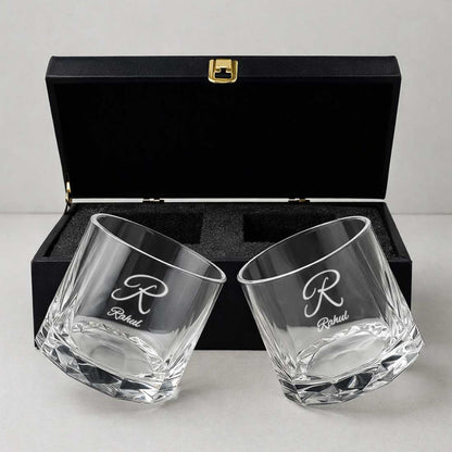 Personalized Premium Whiskey Glass Set of 2 – Engraved Rotating Whisky Glasses, Premium Gift for Men, Birthdays & Barware Lovers