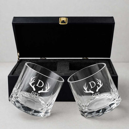Engraved Whiskey Glass with Name – Set of 2 Rotating Diamond Whisky Glasses for Gifting