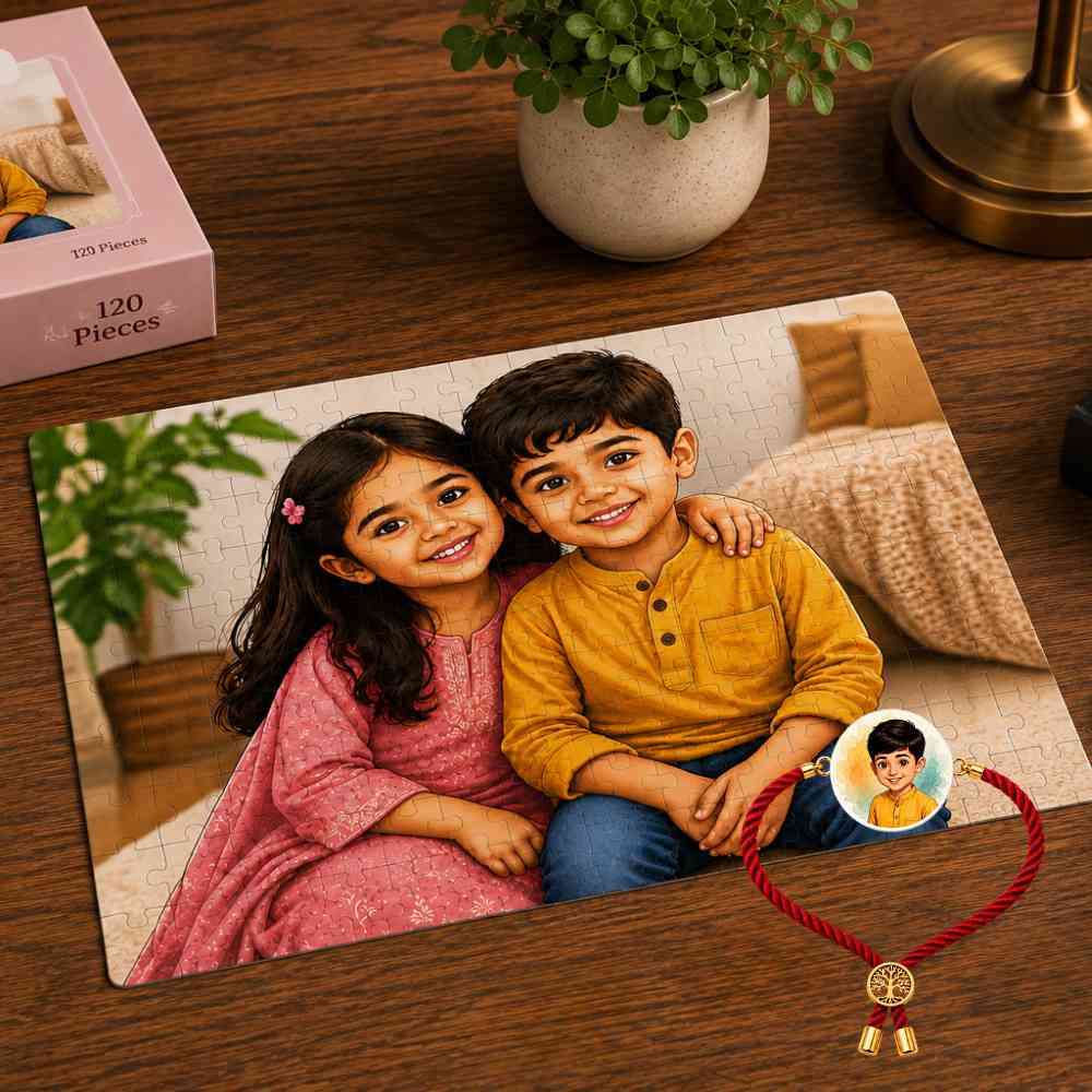 Personalized Little Brother Rakhi Gift Set with Custom Art Photo Puzzle & Caricature