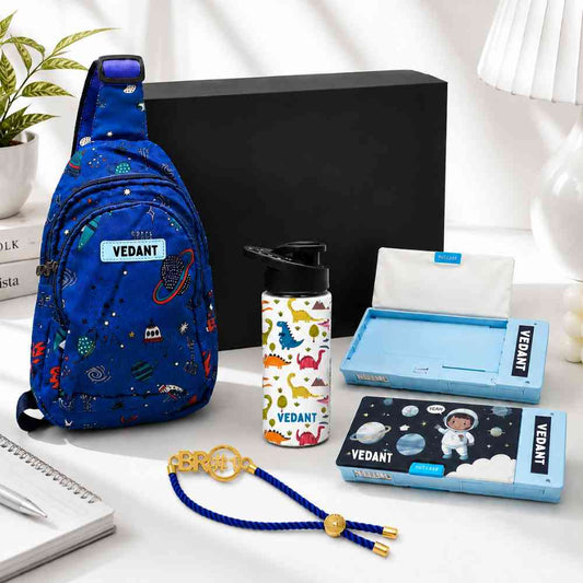 Personalized Gift for Small Brother on Rakhi - Cross Body Bag, Push Button Pencil box, 500ml Sipper Bottle & Bro#1 Rakhi