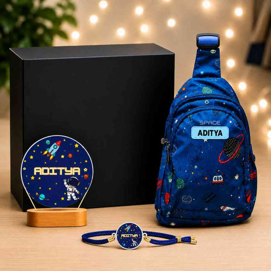 Rakhi Gift for Small Brother | Custom Space Theme Gift Hamper for Kids with Cross Body Bag, LED Night Light & Matching Rakhi