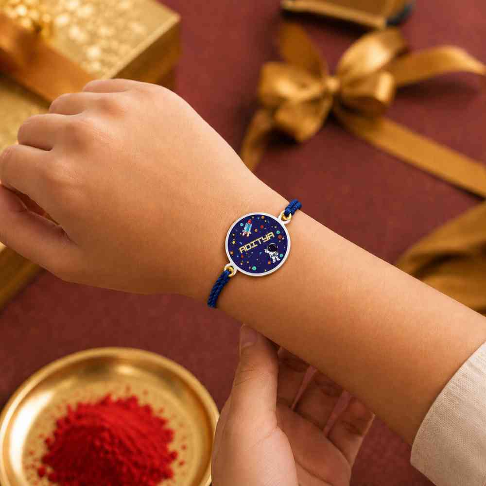 Rakhi Gift for Small Brother | Custom Space Theme Gift Hamper for Kids with Cross Body Bag, LED Night Light & Matching Rakhi