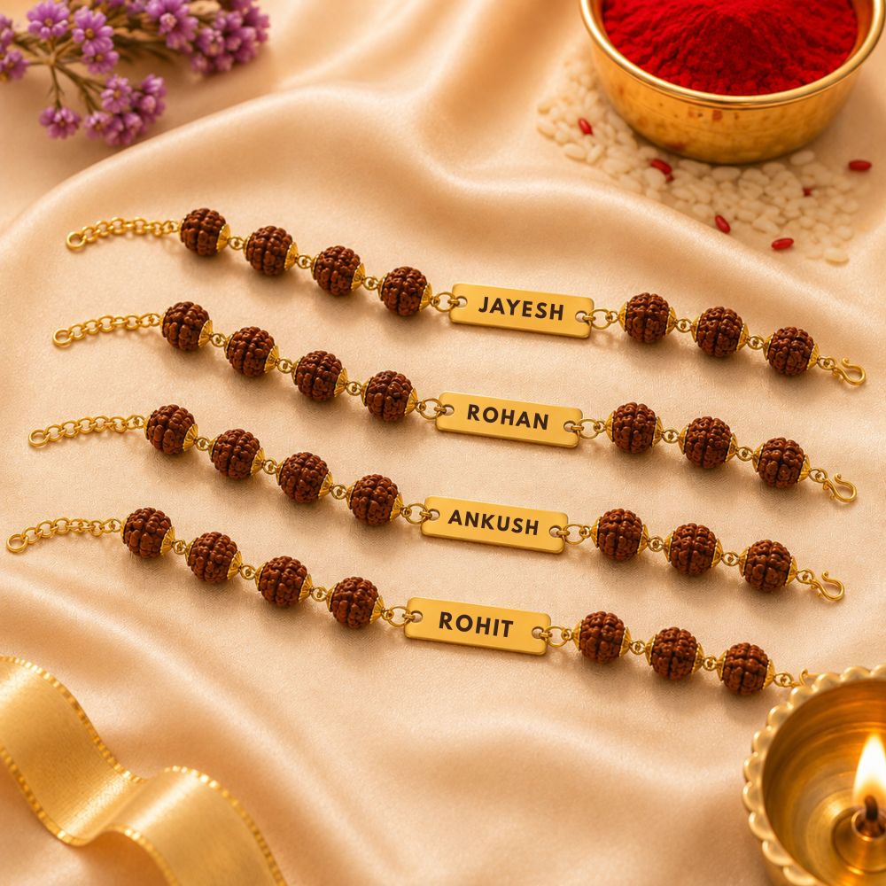 Personalised Rudraksha Bracelet Rakhi for Brother - Gold Plated Name Rakhi