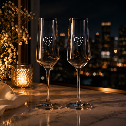 Champagne Flutes with Engraving Initial For Couple Set of 2 - Custom Premium Champagne Flutes
